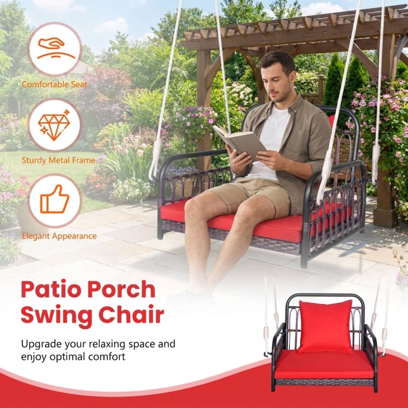 Biotree Patio Rattan Porch Swing Hammock Chair with Seat Cushion for Patio Porch Garden Backyard Outdoor, Red