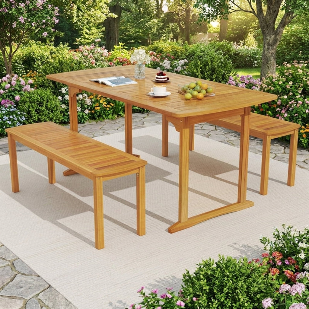 Biotree 63 inch Outdoor Dining Table with Umbrella Hole and Slatted Tabletop, Natural