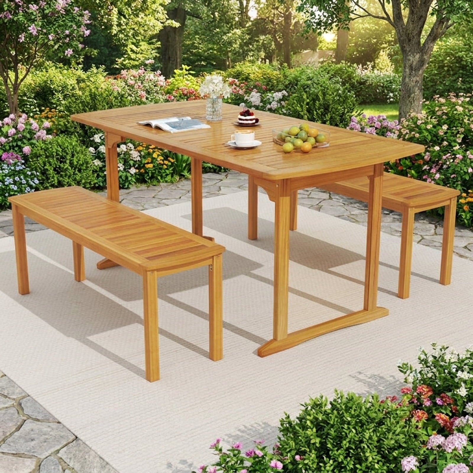 Biotree 63 inch Outdoor Dining Table with Umbrella Hole and Slatted Tabletop, Natural