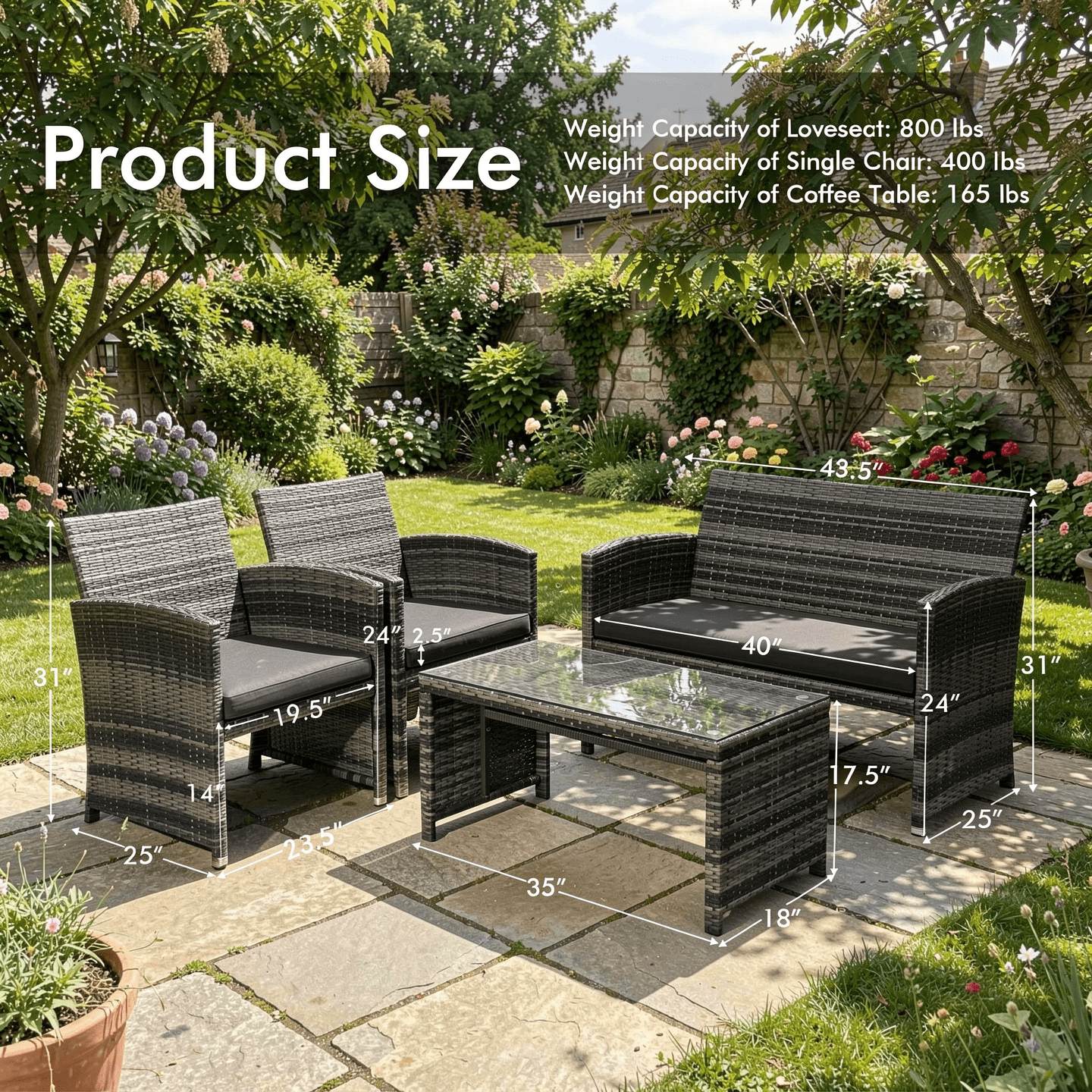 Biotree 4-Piece Patio Rattan Furniture Set with Glass Table-Black