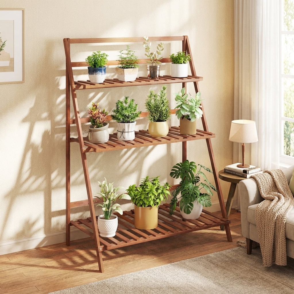 Biotree 3-Tier Bamboo Plant Stand Foldable Ladder Shelf Indoor Outdoor Flower Pot Display Rack Natural