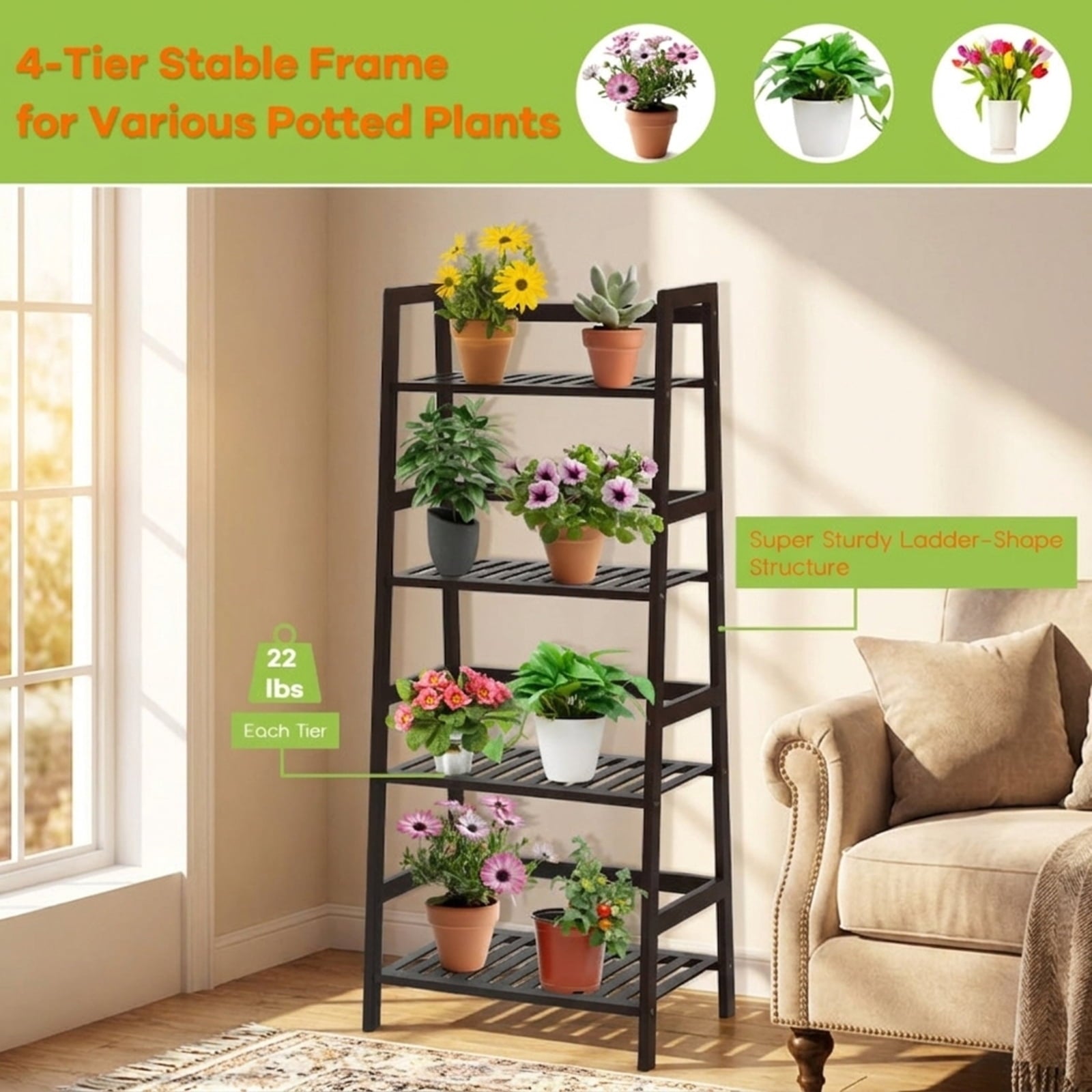 Biotree 4-Tier Bamboo Plant Rack with Guardrails Stable and Space-Saving for Indoor Outdoor Patio Balcony Garden, Brown