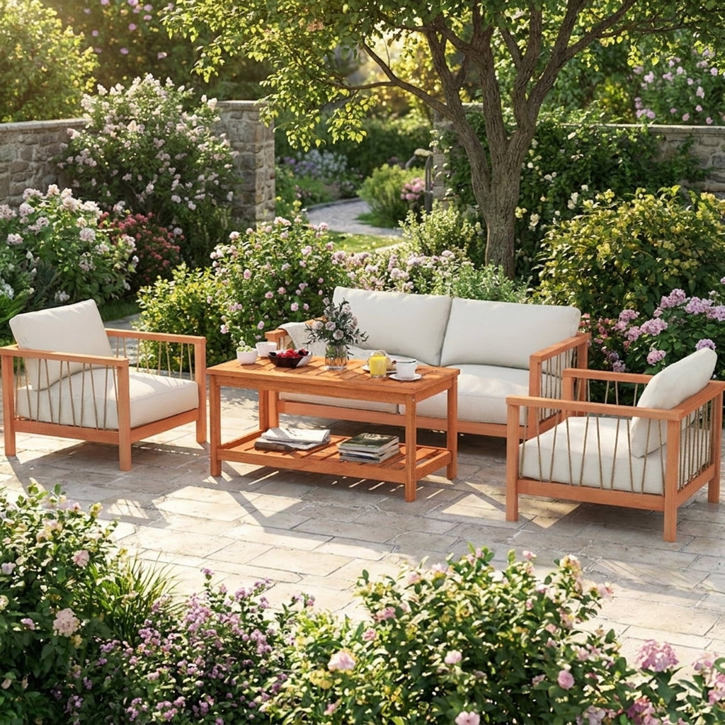 Biotree 2-Tier Patio Coffee Table with Slatted Tabletop and Shelf, Natural