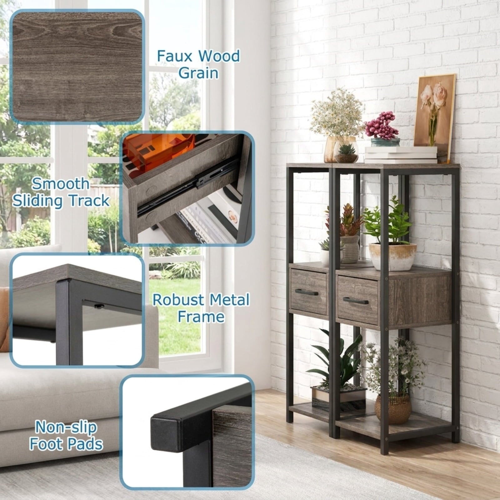 Biotree 2 Pack 3 Tier Tall Metal Plant Stand with Drawer and Display Shelf for Indoor Outdoor Patio Balcony Garden, Gray