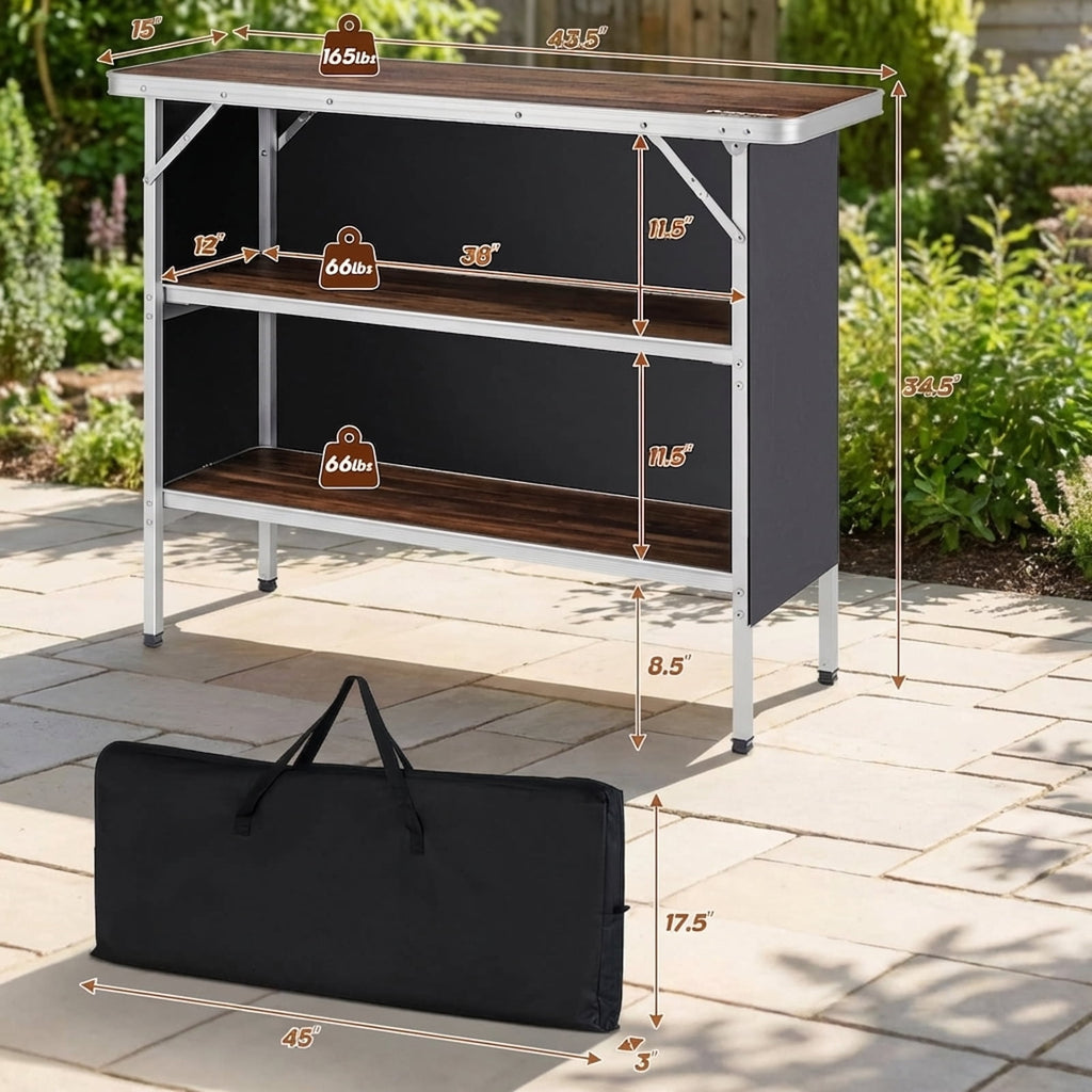 Biotree Folding Camping Table with 2-Tier Open Shelves for Outdoor BBQ Portable Camp Kitchen Table with Storage, Brown