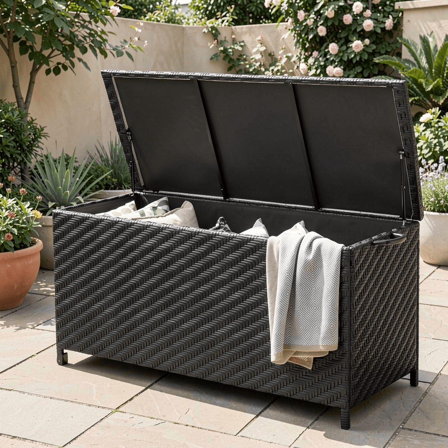 Biotree 85 Gallon Outdoor Storage Box with Removable Liner and Universal Wheels Outdoor Waterproof for Patio Deck Garden Cushions, Black