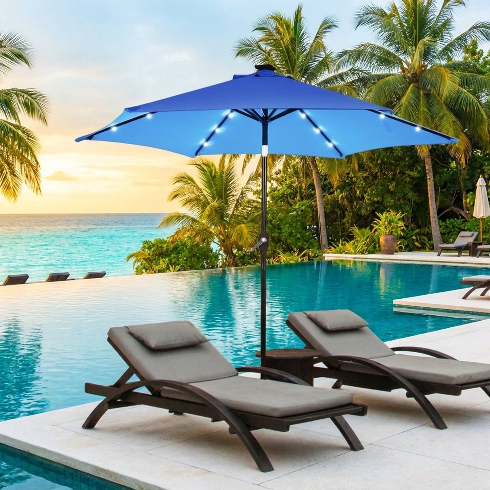 Biotree 9 ft Solar LED Market Patio Umbrella with Crank and Tilt, 6 Sturdy Ribs, Vented Canopy - Navy Blue