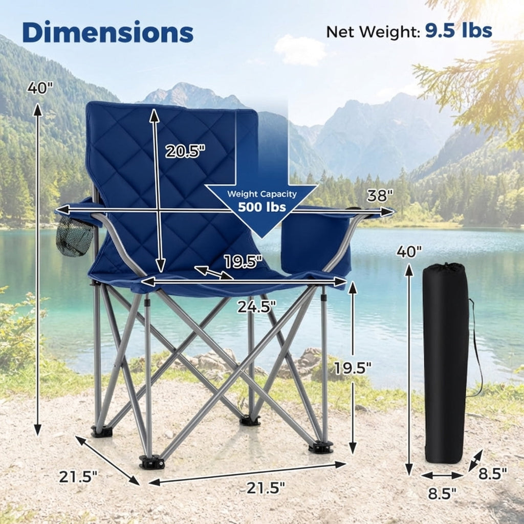 Biotree Heavy Duty Oversized Folding Camping Chair with Cooler Pouch and Cup Holder 500 lb Capacity Portable Outdoor Chair, Navy Blue