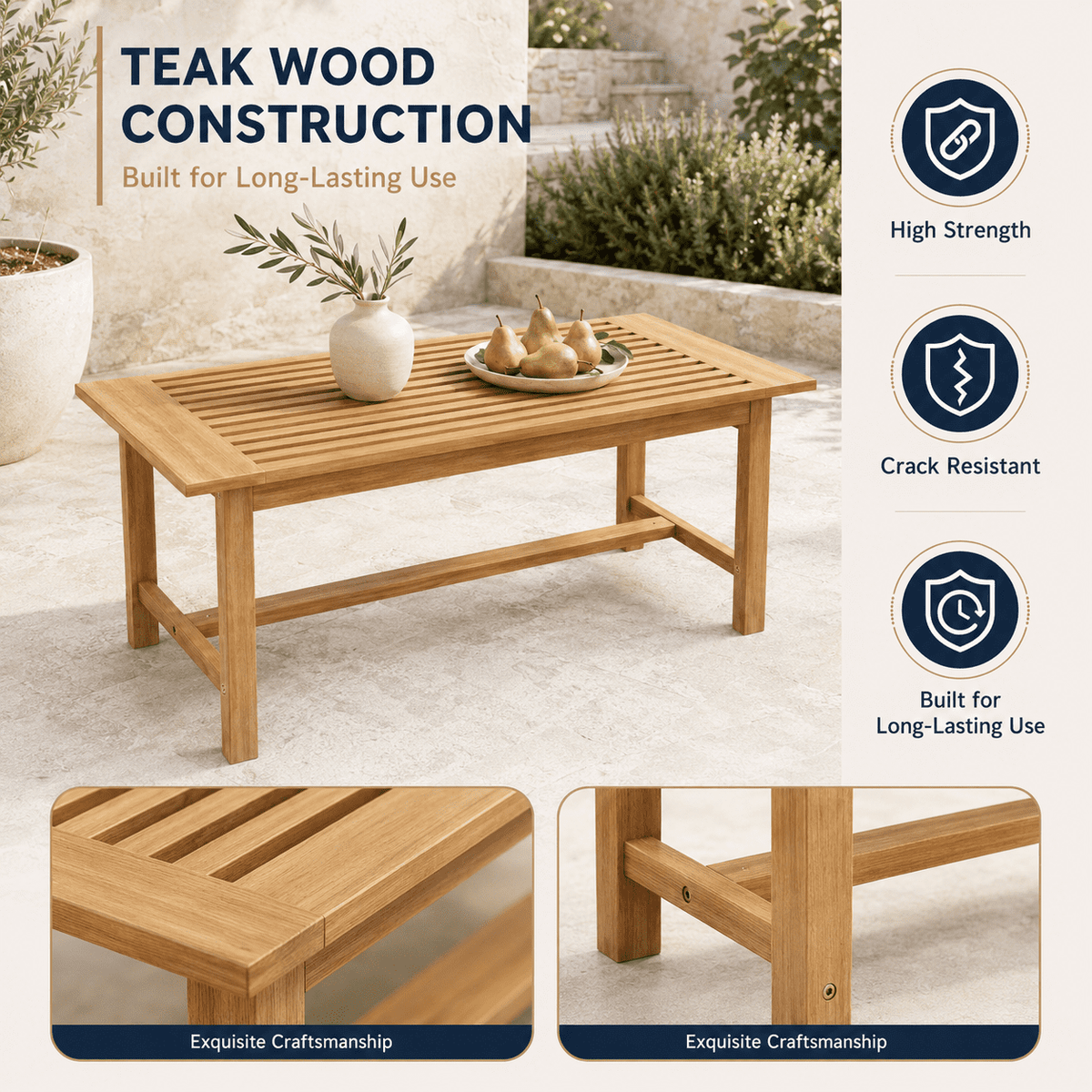 Biotree 36-Inch Rectangular Teak Wood Patio Coffee Table with Slatted Top, Reinforced Outdoor Side Table for Garden, Poolside and Balcony, Natural