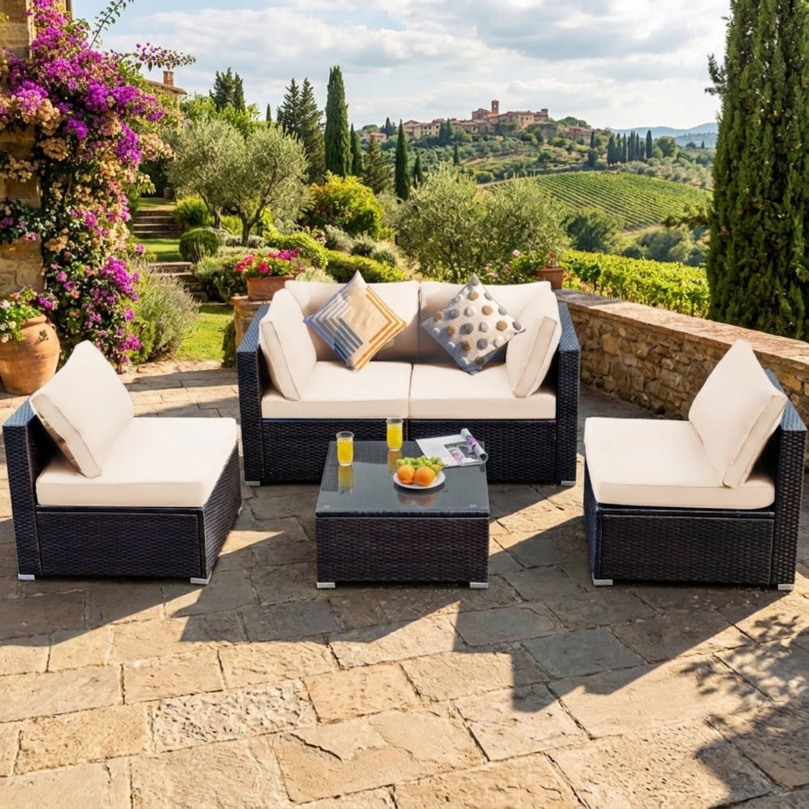 Biotree 5 Pieces Cushioned Patio Rattan Furniture Set with Glass Table Outdoor Conversation Set for Garden Backyard PorchWhite