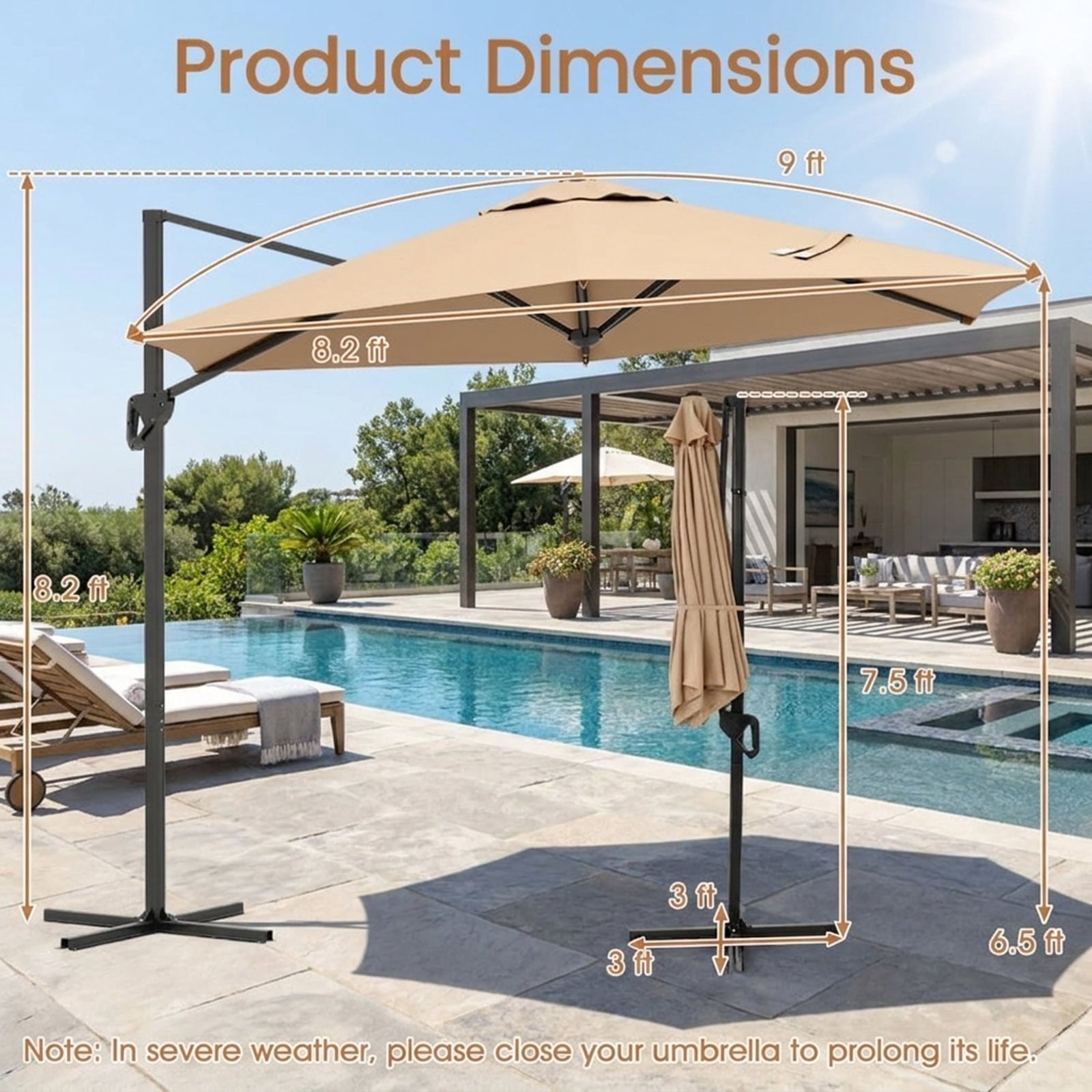 Biotree 9 ft Cantilever Patio Umbrella Offset Hanging with Cross Base, 8 Ribs - Beige for Backyard Garden Poolside