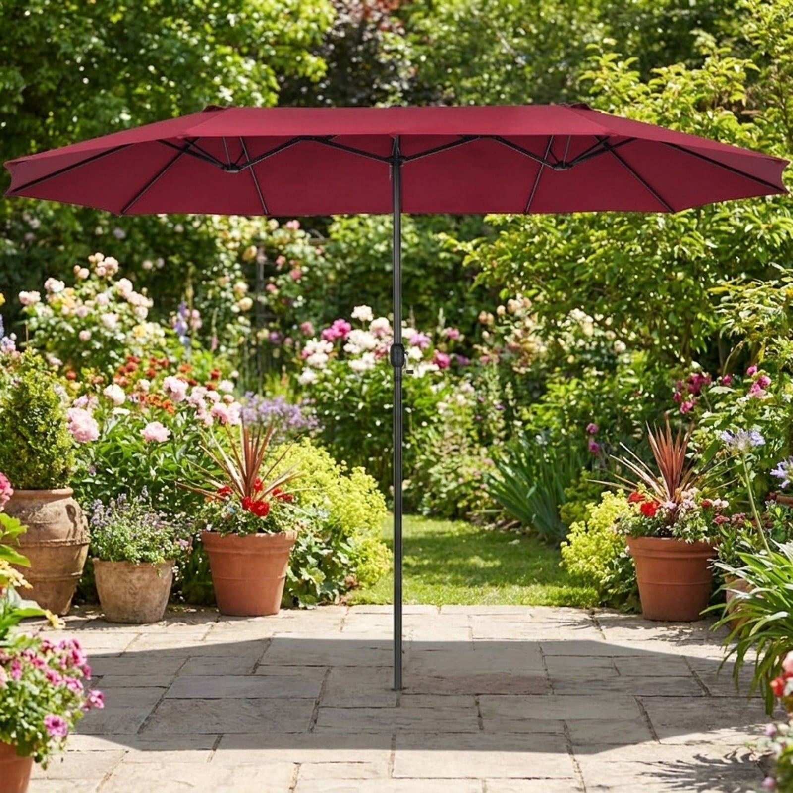 Biotree 15 ft Double-Sided Twin Patio Umbrella Crank Tilt Outdoor Shade - Red - UV Protection with Cross Base