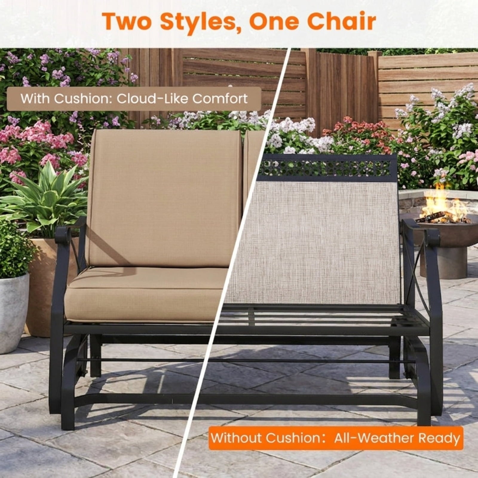 Biotree Outdoor 2-Person Glider Rocking Chair Loveseat with Thick Cushions and Metal Frame Stackable Patio Chair for Garden BackyardBrown