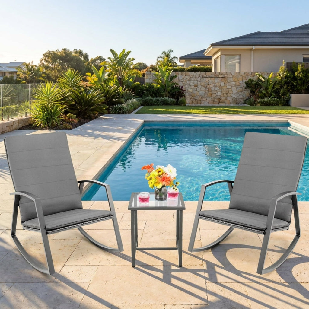 Biotree 3 Pieces Patio Rattan Rocking Furniture Set Outdoor Conversation Set for Garden Backyard PorchGray