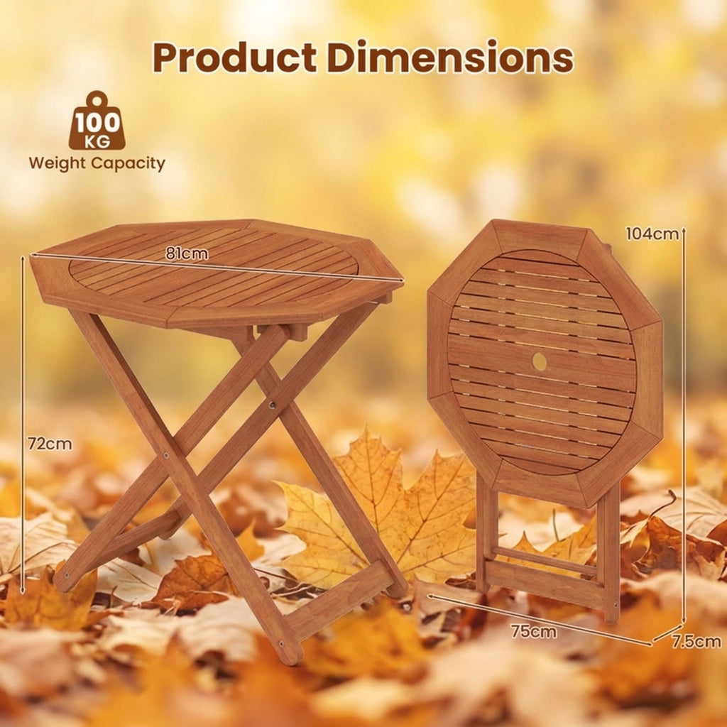 Biotree Octagon Folding Patio Table with 2 Inches Umbrella Hole, Brown
