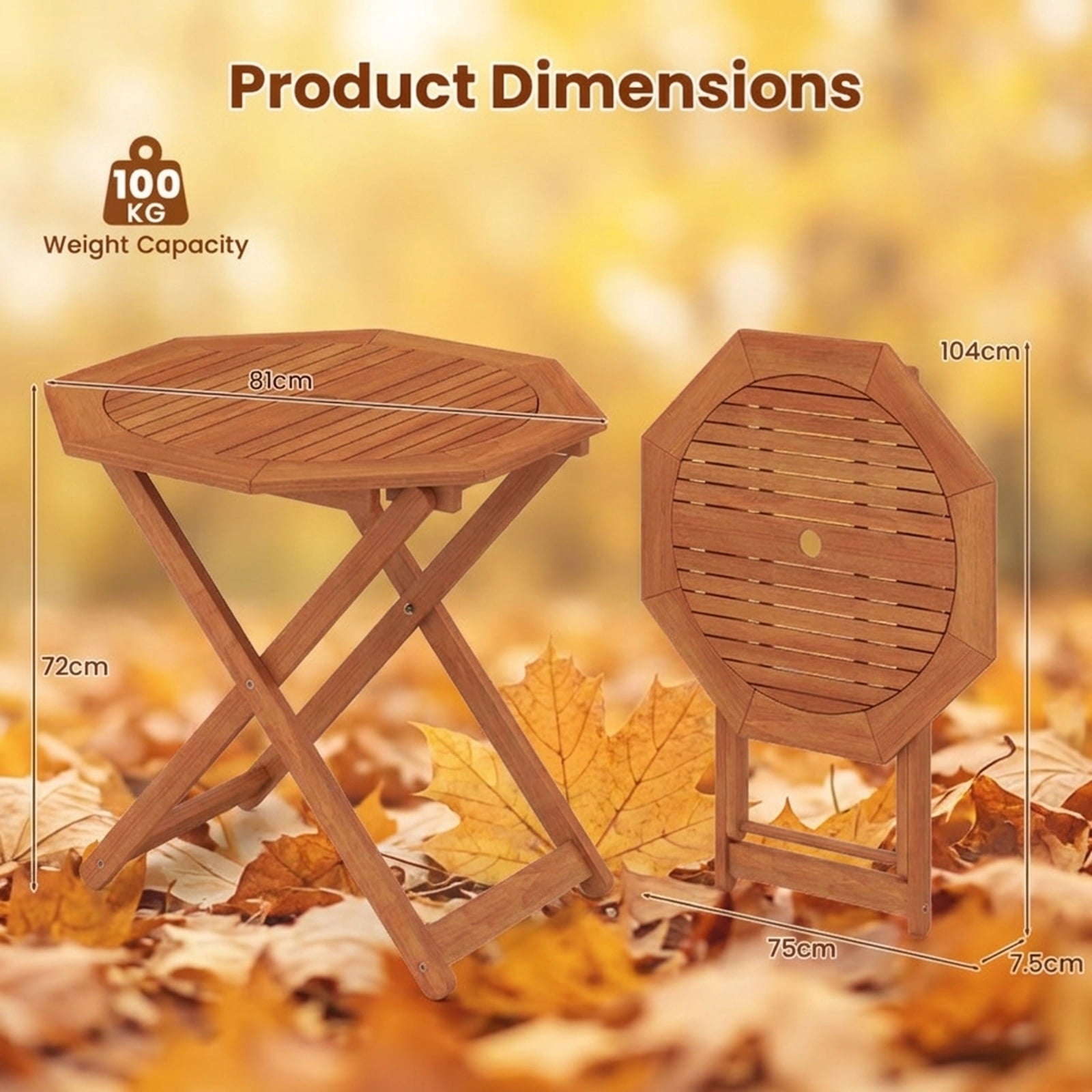 Biotree Octagon Folding Patio Table with 2 Inches Umbrella Hole, Brown