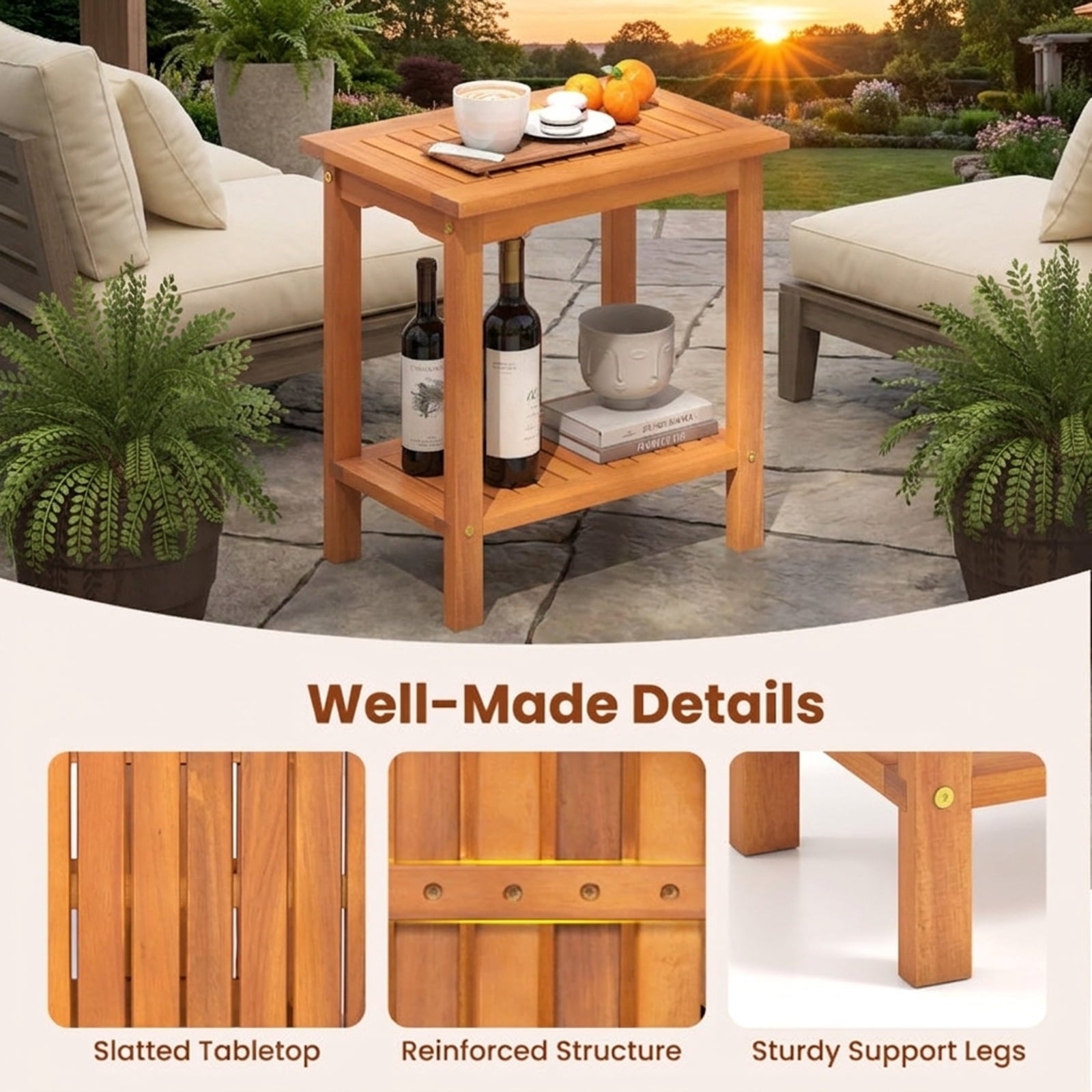 Biotree 2-Tier Outdoor Acacia Wood Side Table with Slatted Tabletop and Storage Shelf, Natural