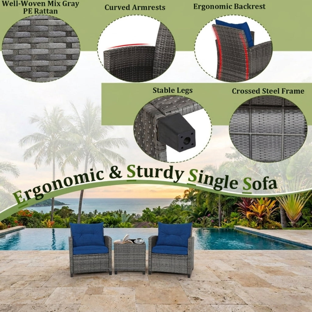 Biotree 3 Pieces Outdoor Wicker Conversation Set with Tempered Glass Tabletop Outdoor Conversation Set for Garden Backyard PorchNavy