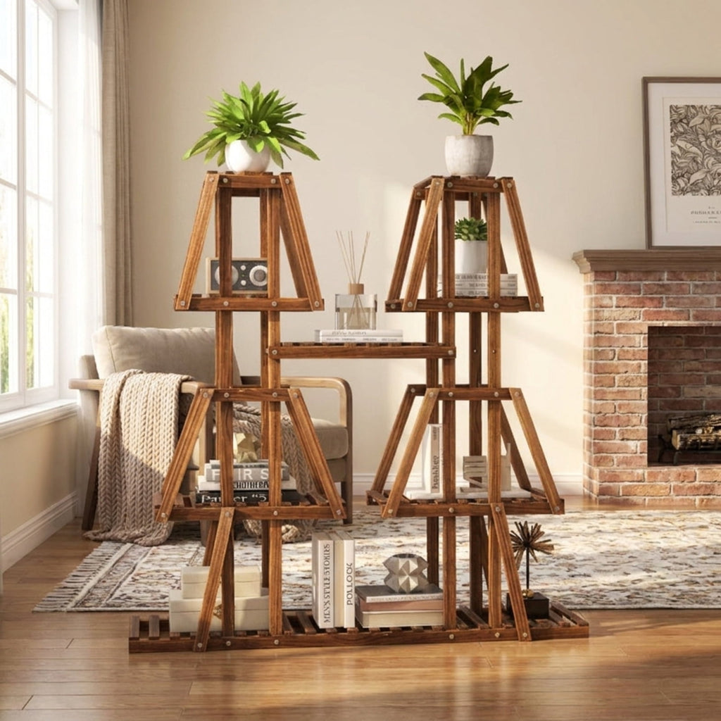 Biotree 5-Tier 10 Potted Wood Plant Stand for Multiple Plants for Indoor Outdoor Patio Balcony Garden, Brown