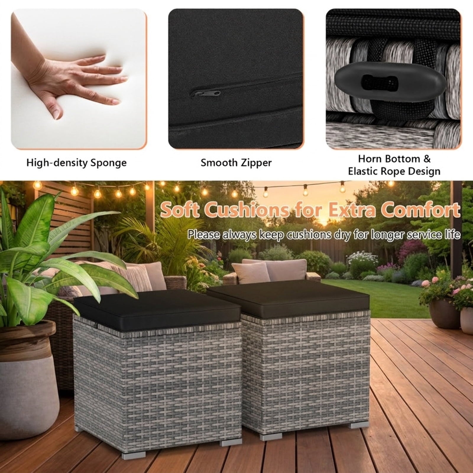 Biotree 2 Pieces Patio Ottoman with Hidden Storage Space-Mix Grey Stackable Patio Chair for Garden Backyardblack