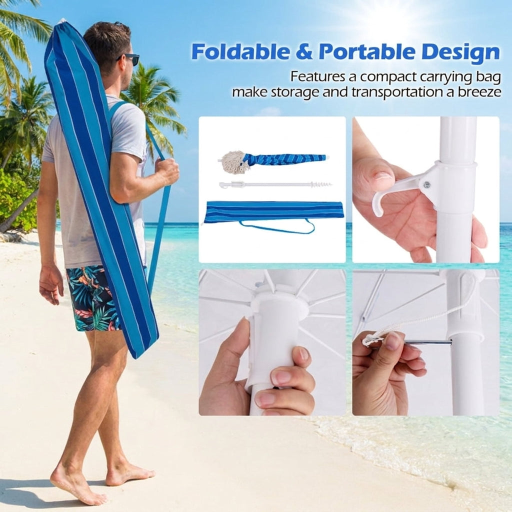 Biotree 6 ft Beach Tassel Fringe Patio Umbrella Crank Tilt Outdoor Shade - Blue - UV Protection with Cross Base