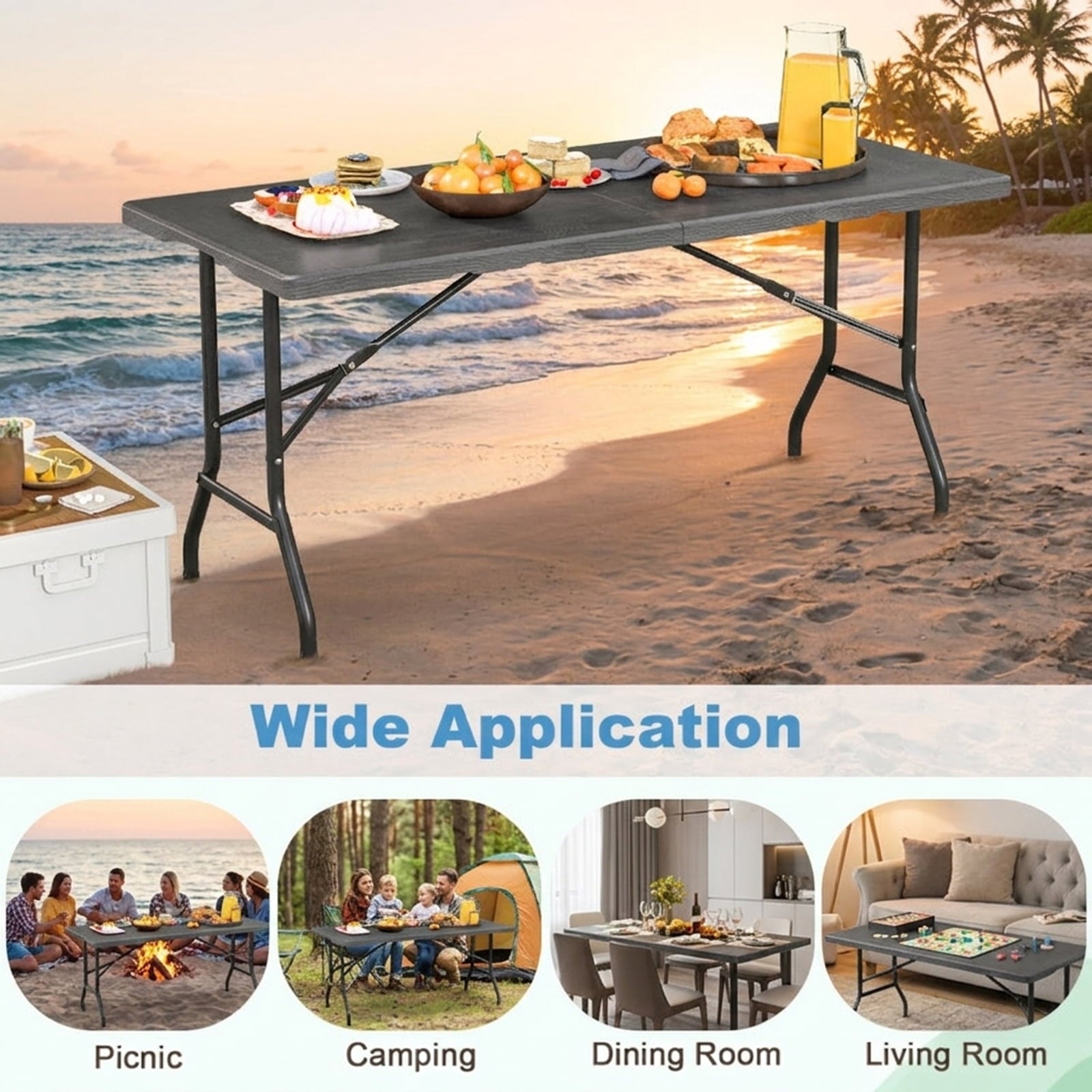 Biotree 5FT Folding Picnic Table with Wood Grain HDPE Tabletop and Non-slip Foot Pads, Black