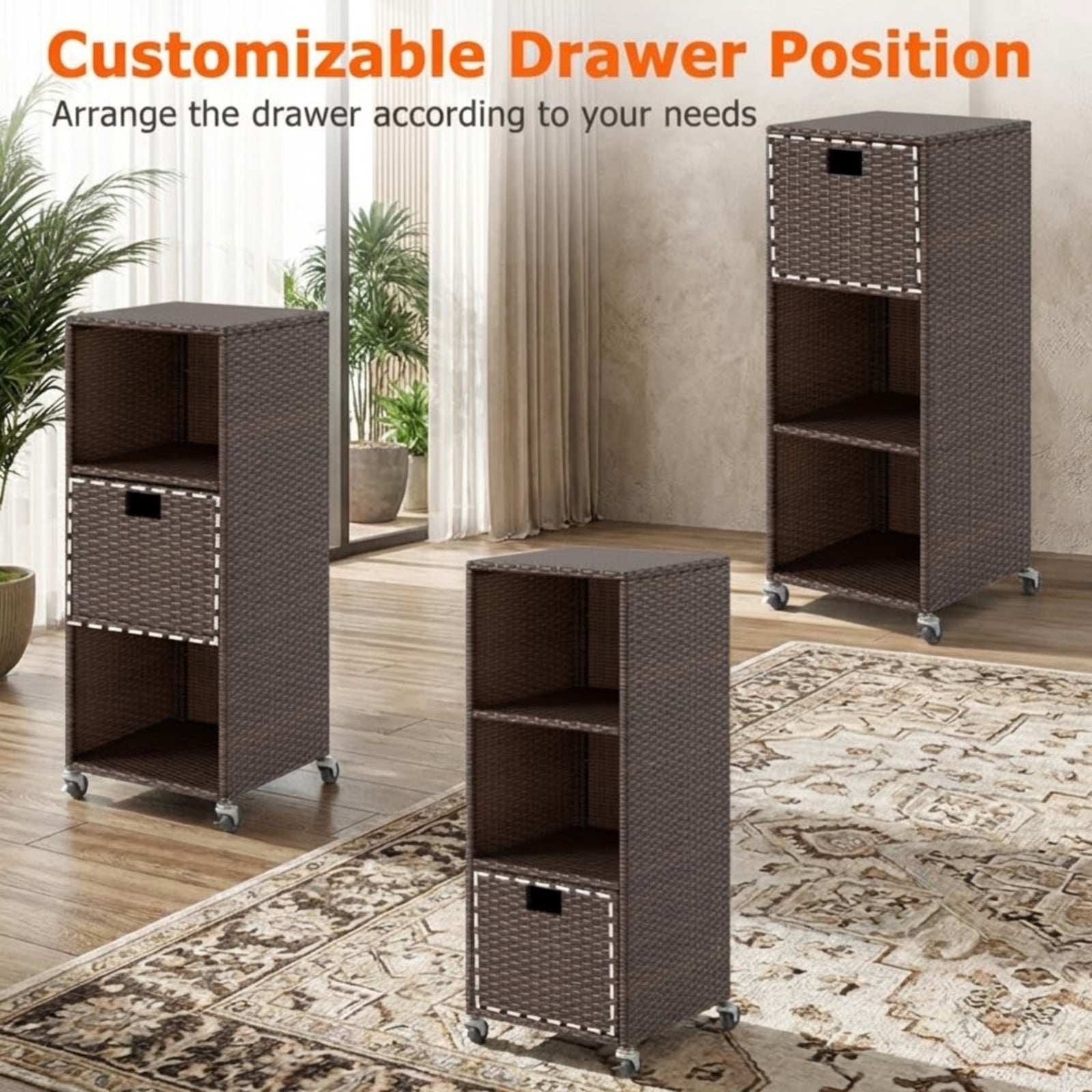 Biotree Outdoor Storage Cabinet with Drawer and 3 Shelves, PE Rattan Tall Deck Cabinet Patio Garden Console for Backyard Porch Deck Poolside, Mix Brown