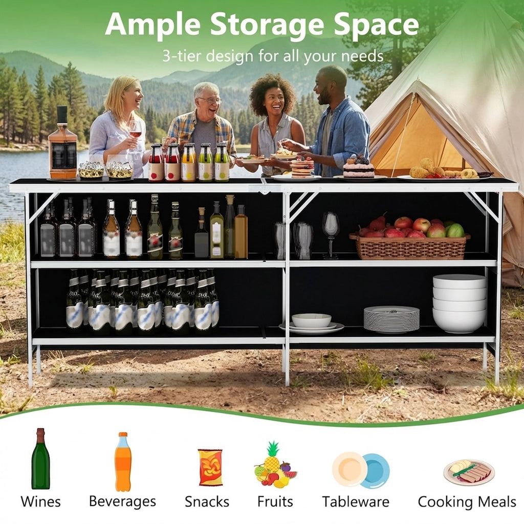 Biotree Aluminum Portable Folding Picnic Table with 2-Tier Open Shelves for Camping and Outdoor Dining, Black