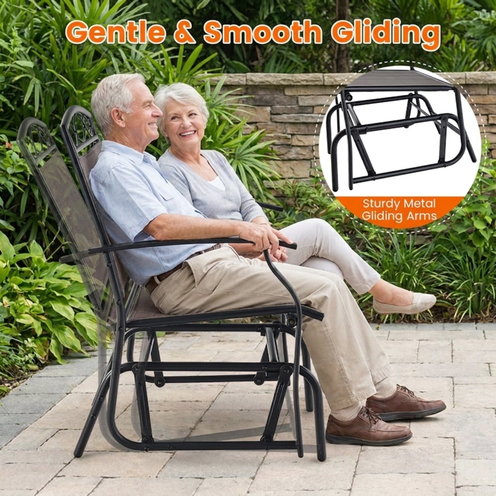 Biotree Set of 2 Outdoor Metal Glider Armchairs with Weather Stackable Patio Chair for Garden Backyardresistant Fabric
