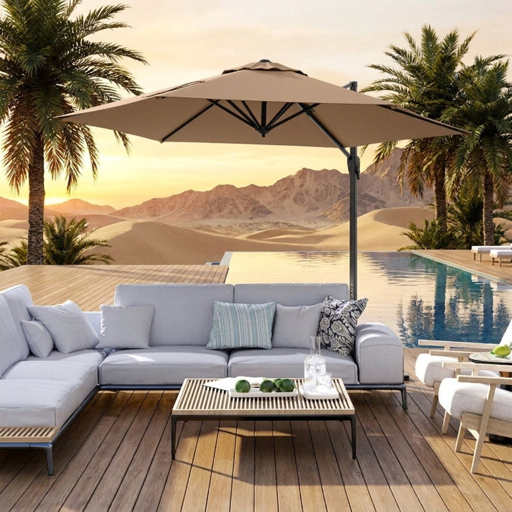 Biotree 9 ft Cantilever Patio Umbrella Offset Hanging with Cross Base, 8 Ribs - Brown for Backyard Garden Poolside