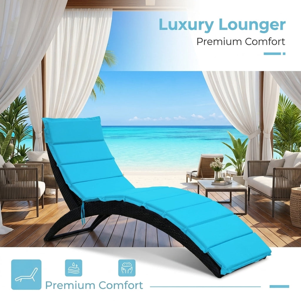 Biotree Folding Patio Rattan Portable Lounge Chair Chaise with Cushion Stackable Patio Chair for Garden BackyardTurquoise