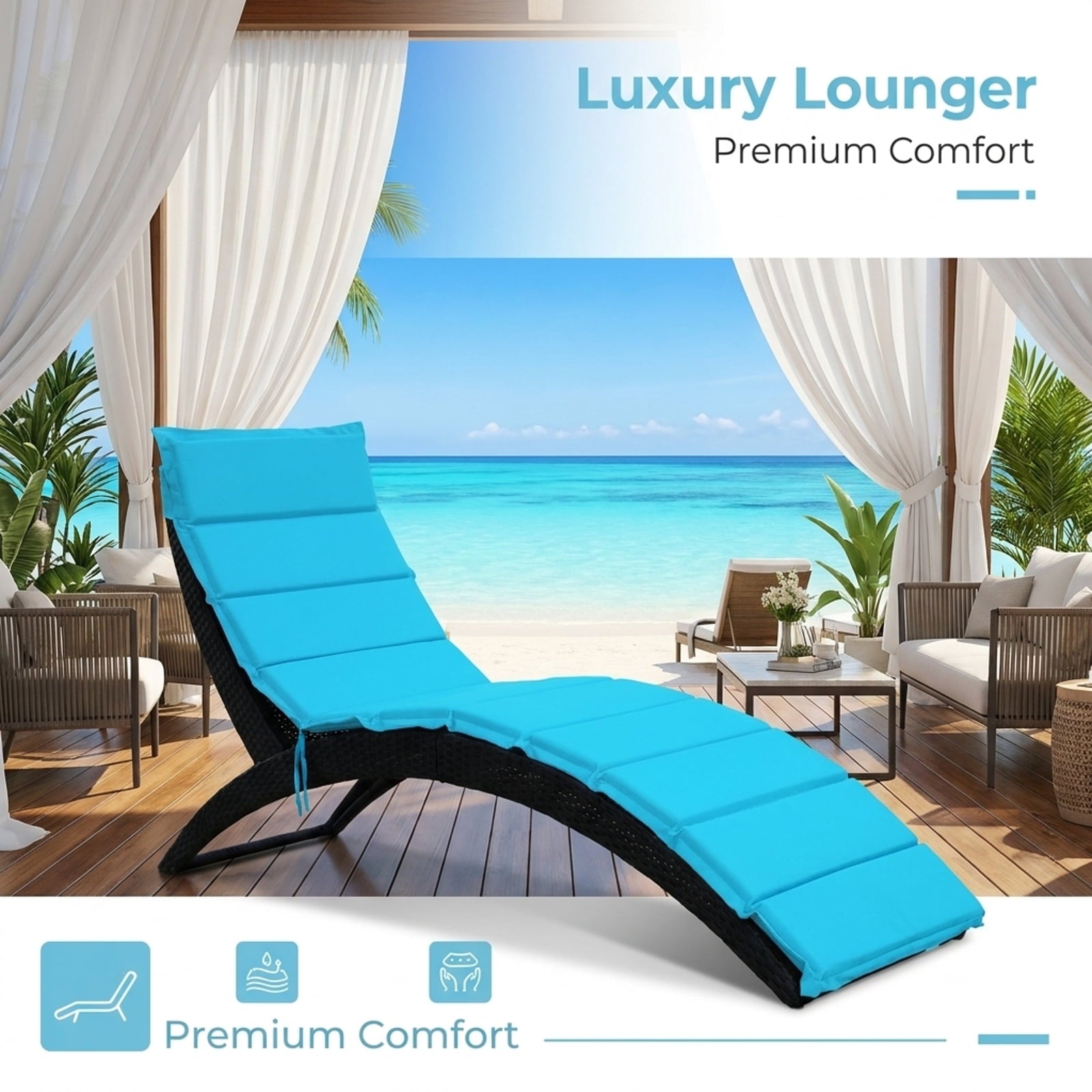 Biotree Folding Patio Rattan Portable Lounge Chair Chaise with Cushion Stackable Patio Chair for Garden BackyardTurquoise