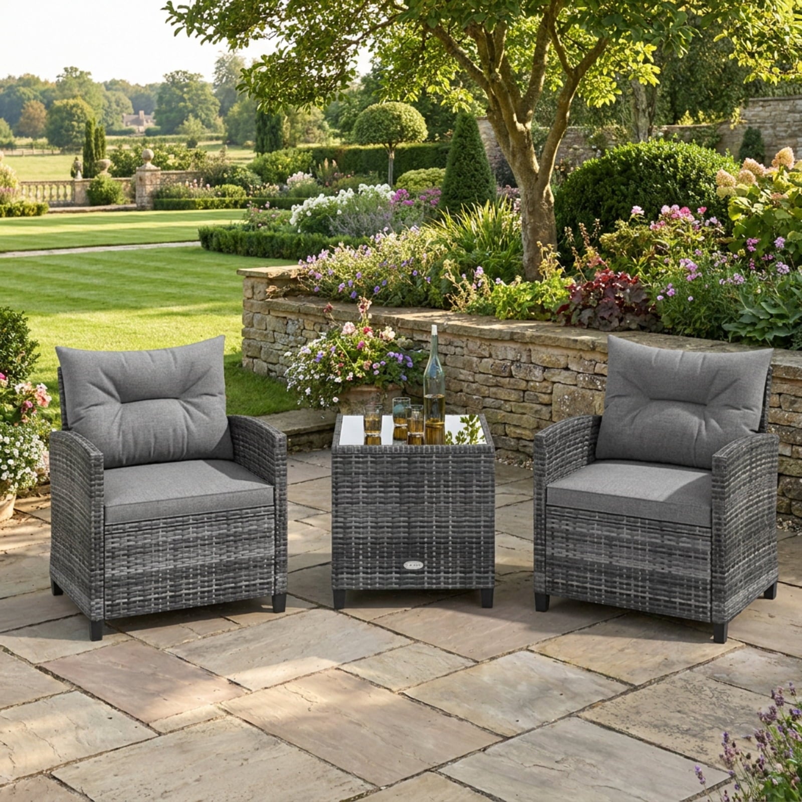Biotree 3 Pieces Outdoor Wicker Conversation Set with Tempered Glass Tabletop Outdoor Conversation Set for Garden Backyard PorchGray