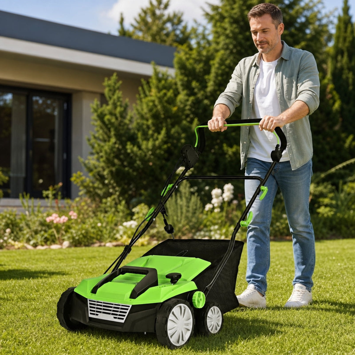 Biotree 15" 13 Amp Electric Lawn Dethatcher Scarifier, Corded Lawn Rake with 4-Position Height Adjustment, Removable Blades and 50L Collection Bag for Lawn Care Yard Renovation Green