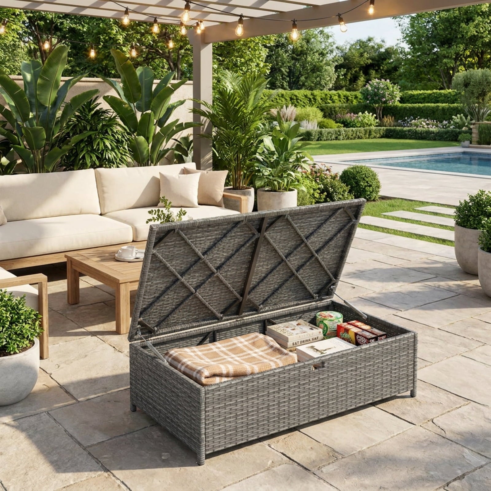 Biotree Outdoor Rattan Daybed Wicker Loveseat and 31 Gallon Storage Ottoman Outdoor Conversation Set for Garden Backyard PorchBrown