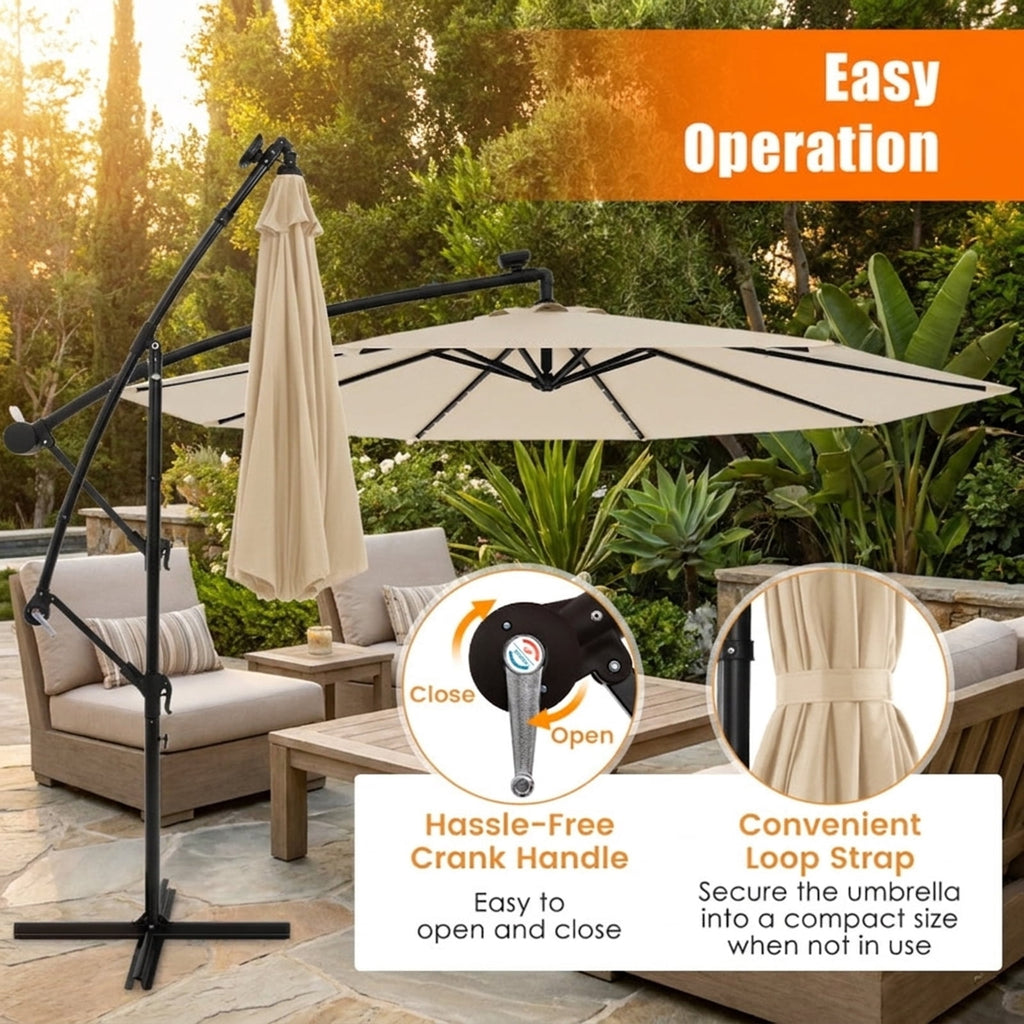 Biotree 10 ft Solar Offset Hanging Umbrella with 40 LED Lights Cross Base and 180G Polyester Canopy for Deck Garden Backyard - Tan