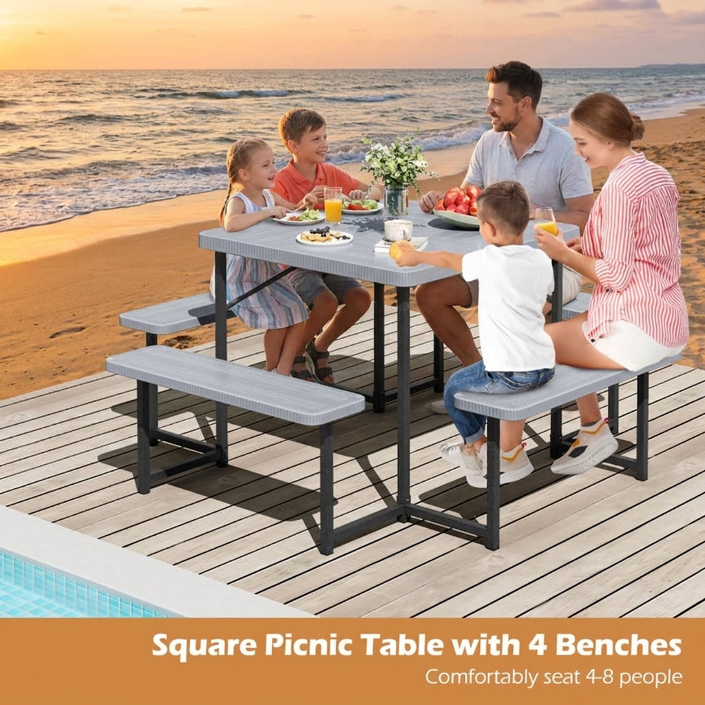 Biotree 63-Inch Outdoor Square Picnic Table Bench Set for 4-8 People with Umbrella Hole, Gray