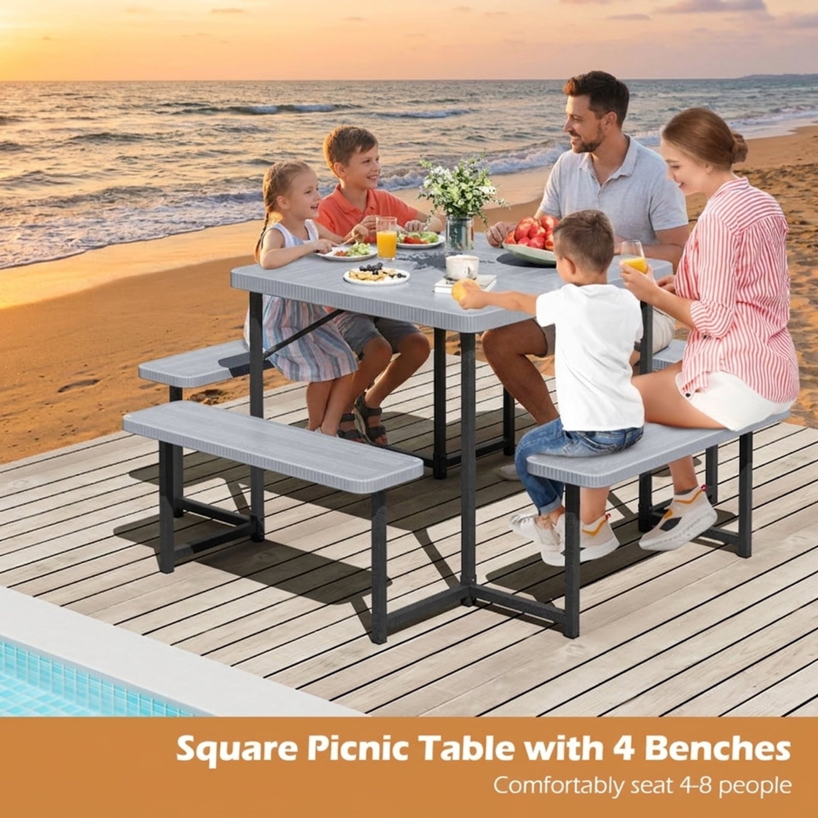 Biotree 63-Inch Outdoor Square Picnic Table Bench Set for 4-8 People with Umbrella Hole, Gray