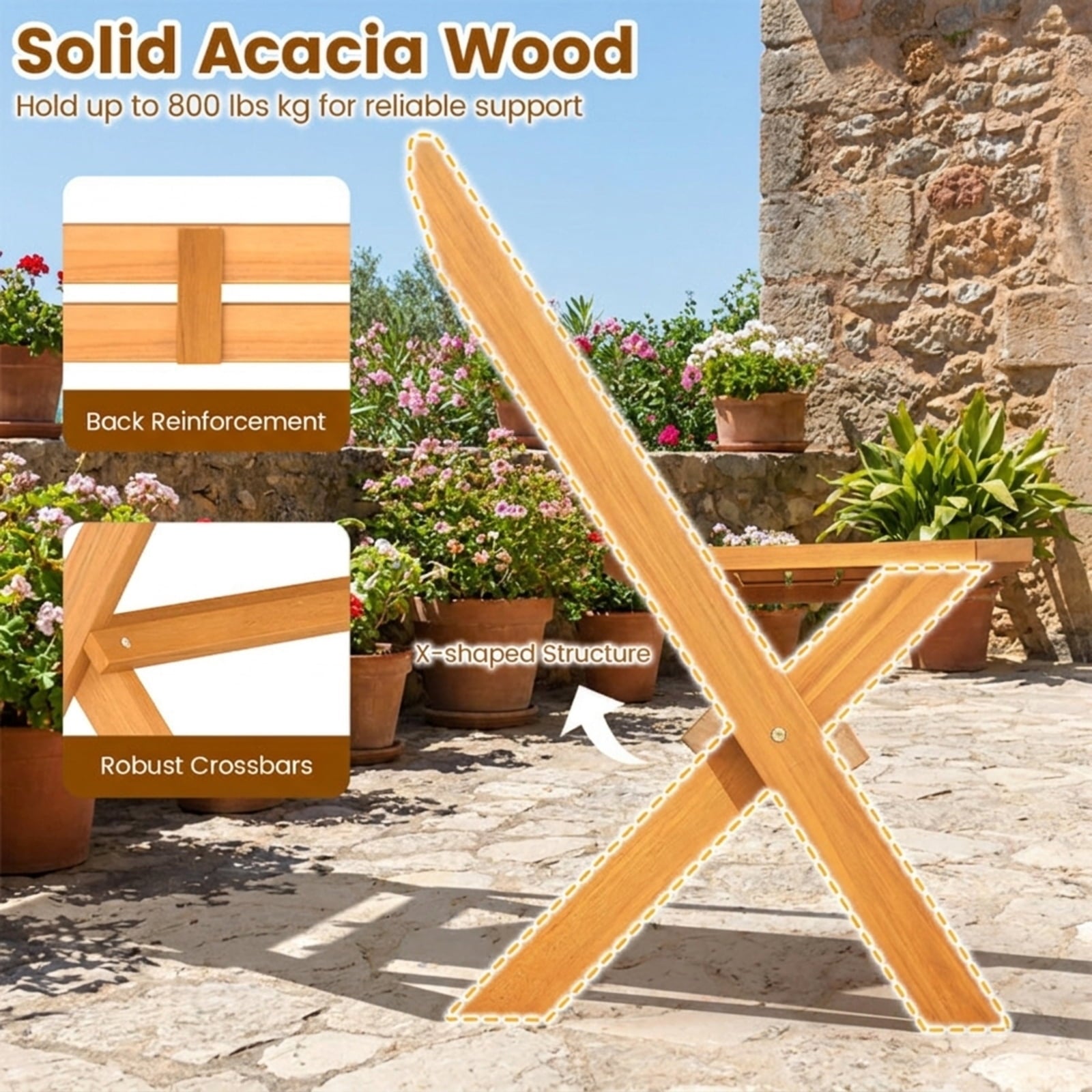 Biotree 2-Person Acacia Wood Patio Garden Bench with 800 Lbs Capacity Stackable Patio Chair for Garden BackyardNatural