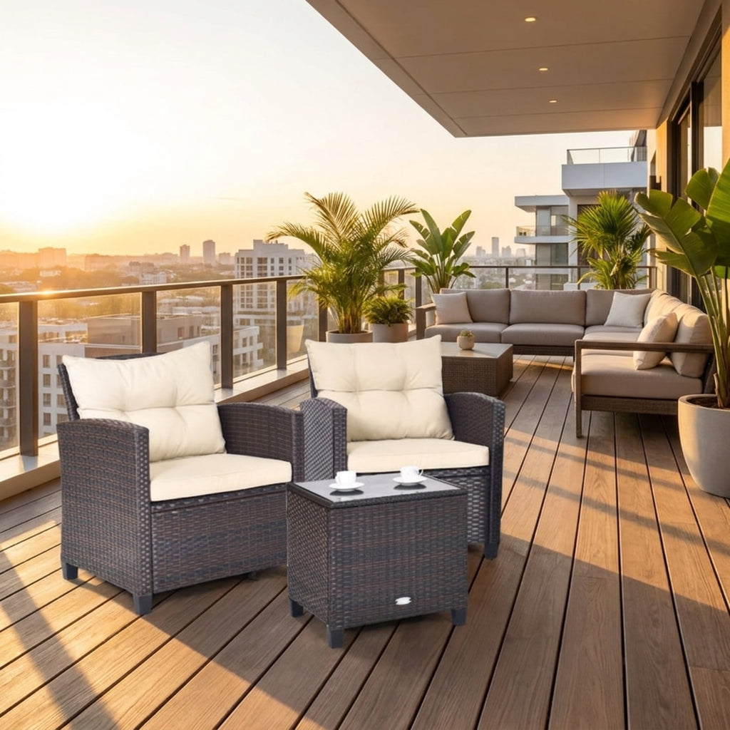 Biotree 3 Pcs Patio Rattan Furniture Set Cushioned Conversation Set Coffee Table Outdoor Conversation Set for Garden Backyard PorchBeige
