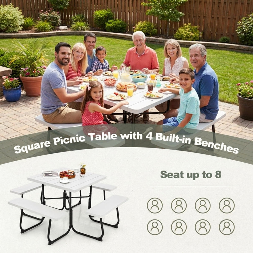 Biotree 67-Inch Outdoor Picnic Table with 4 Benches and Umbrella Hole, White