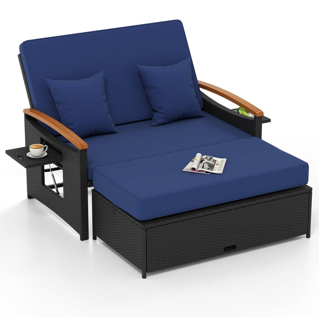 Biotree Outdoor Wicker Daybed with Folding Panels and Storage Ottoman Stackable Patio Chair for Garden BackyardDark Blue