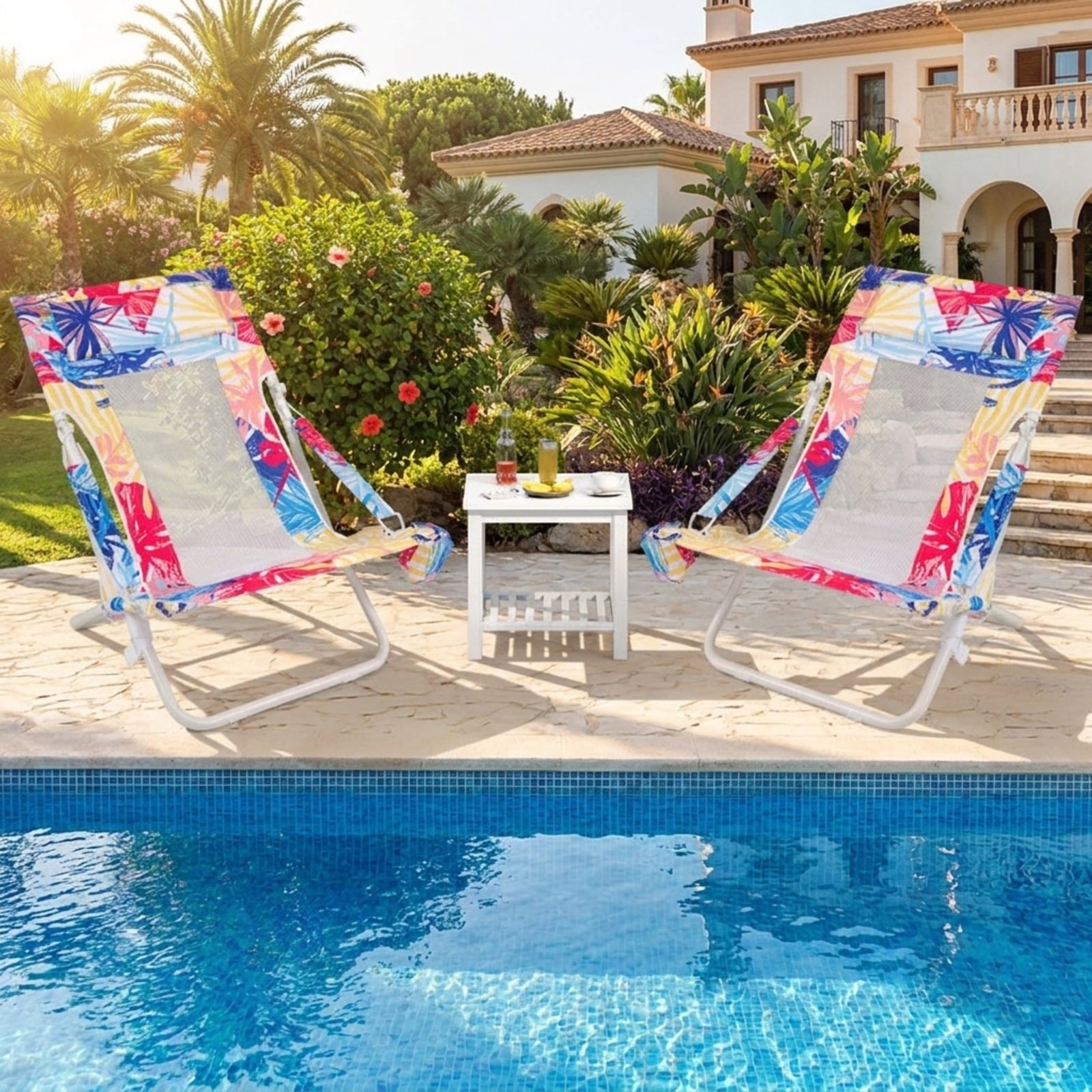 Biotree Folding Low Beach Chair Set of 2 Patio Sling Chairs with Padded Head Pillow Stackable Patio Chair for Garden BackyardPink