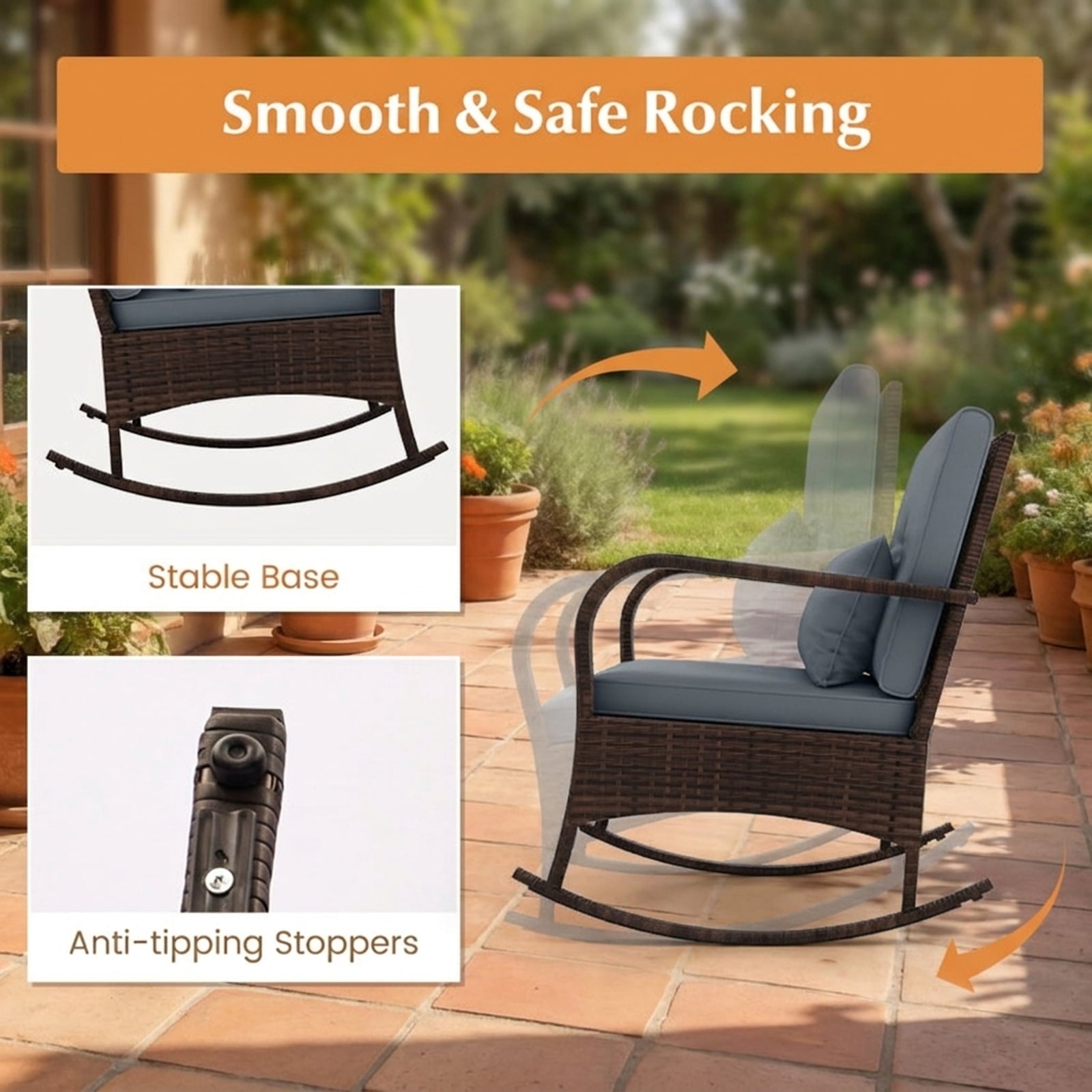 Biotree 3 Piece Outdoor Rocking Set with Tempered Glass Coffee Table for Backyard Poolside Outdoor Conversation Set for Garden Backyard PorchGray
