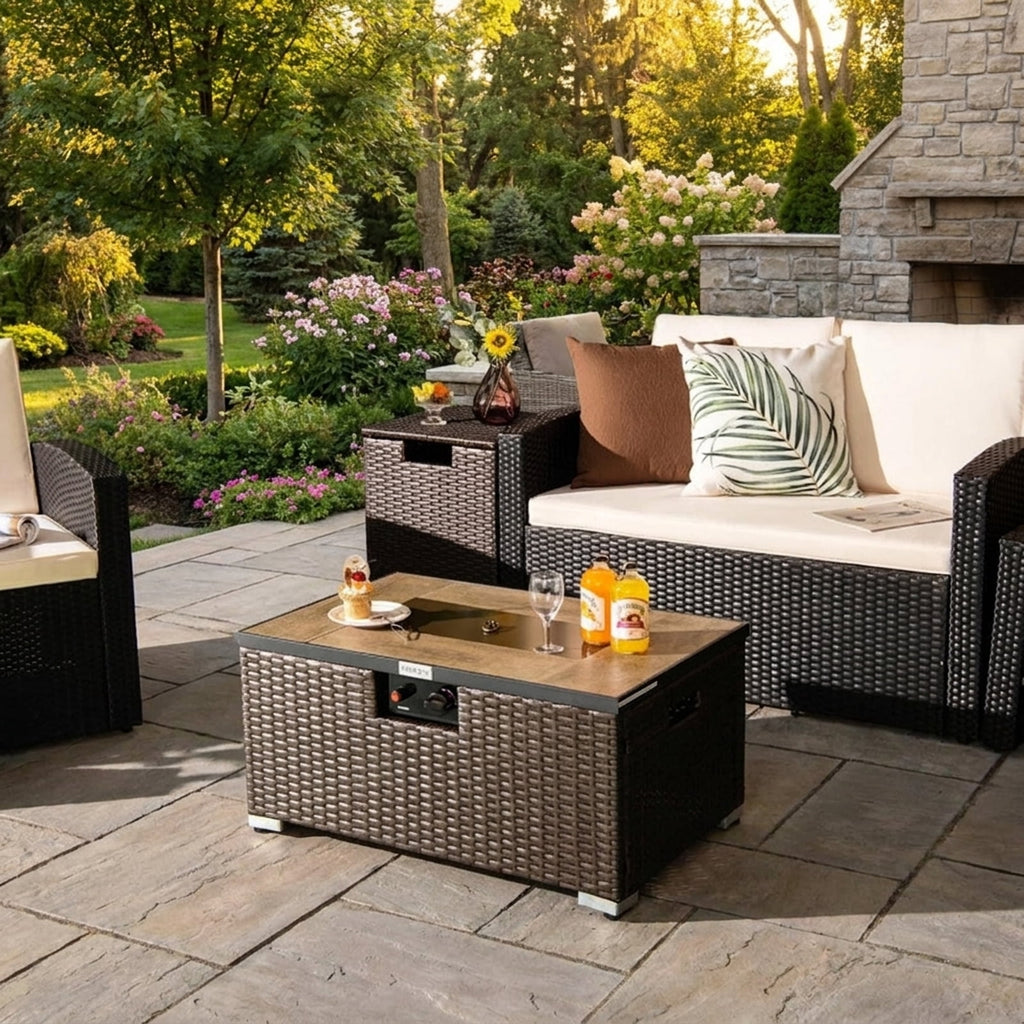 Biotree 32 x 20 Inch Propane Rattan Fire Pit Table Set with Side Table Tank and Cover for Outdoor Patio Backyard Garden Camping, Brown