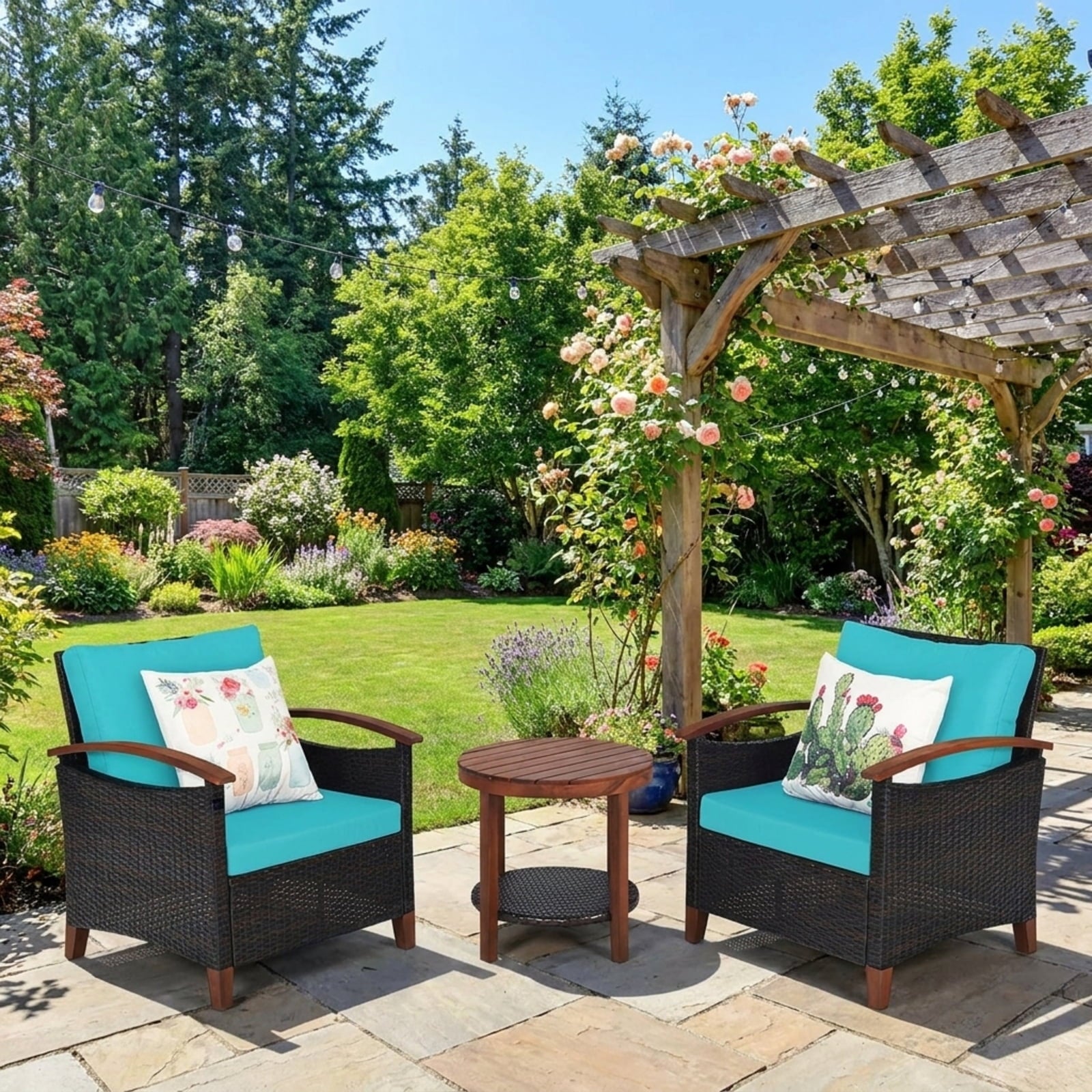 Biotree 3 Pieces Patio Rattan Furniture Set with Washable Cushion and Acacia Wood TabletopTurquoise