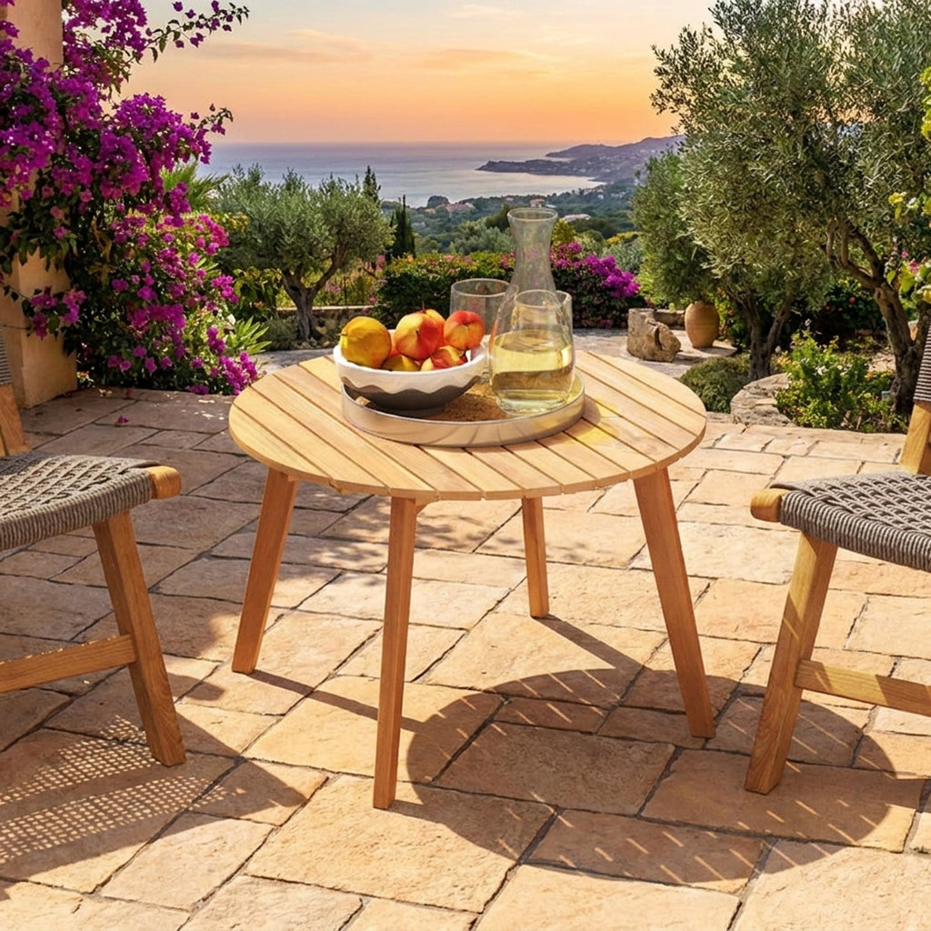 Biotree Round Outdoor Acacia Wood Side Table with Slatted Tabletop, Natural