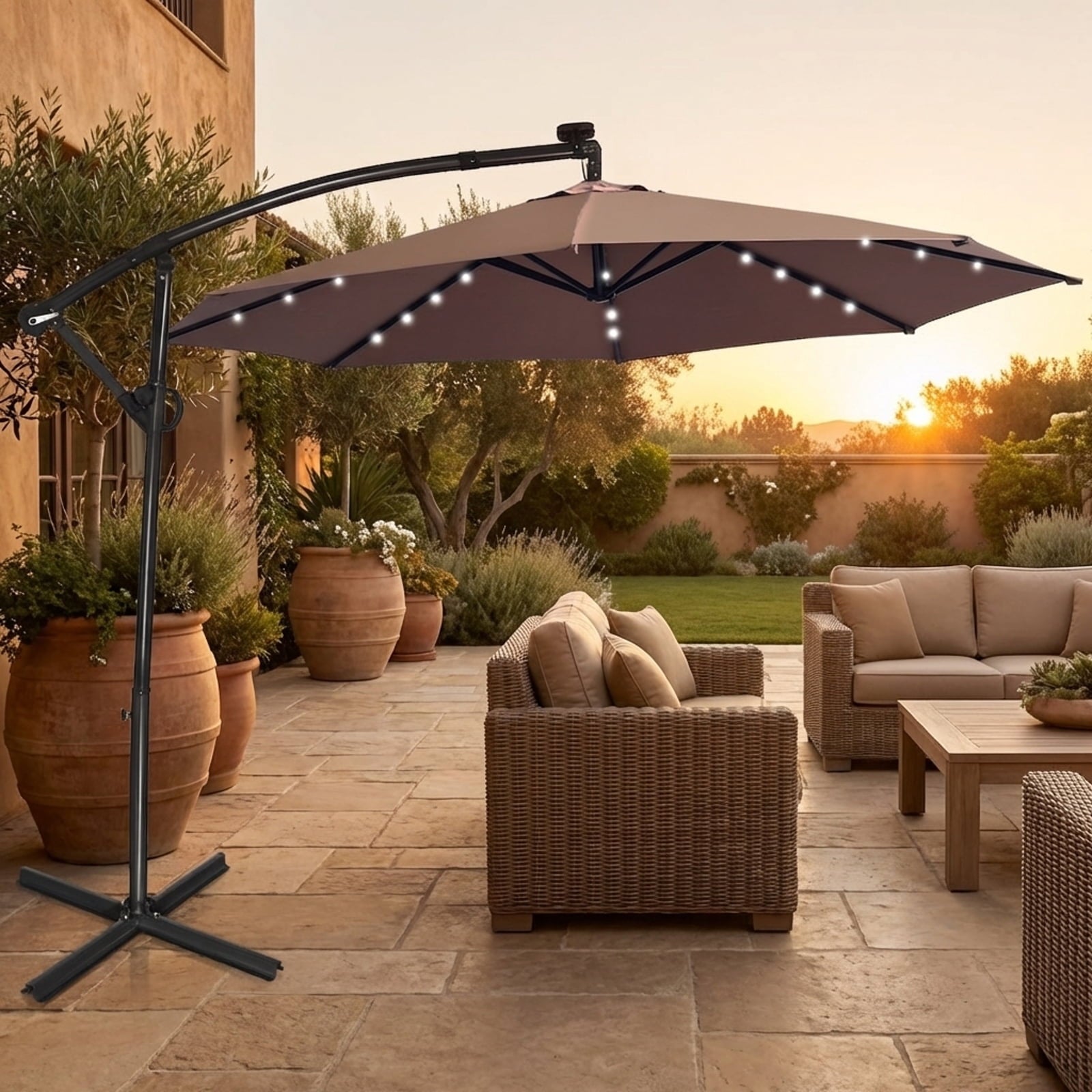 Biotree 10 ft 360¡ã Rotation Solar Powered LED Patio Offset Umbrella without Weight Base-Tan Outdoor Backyard