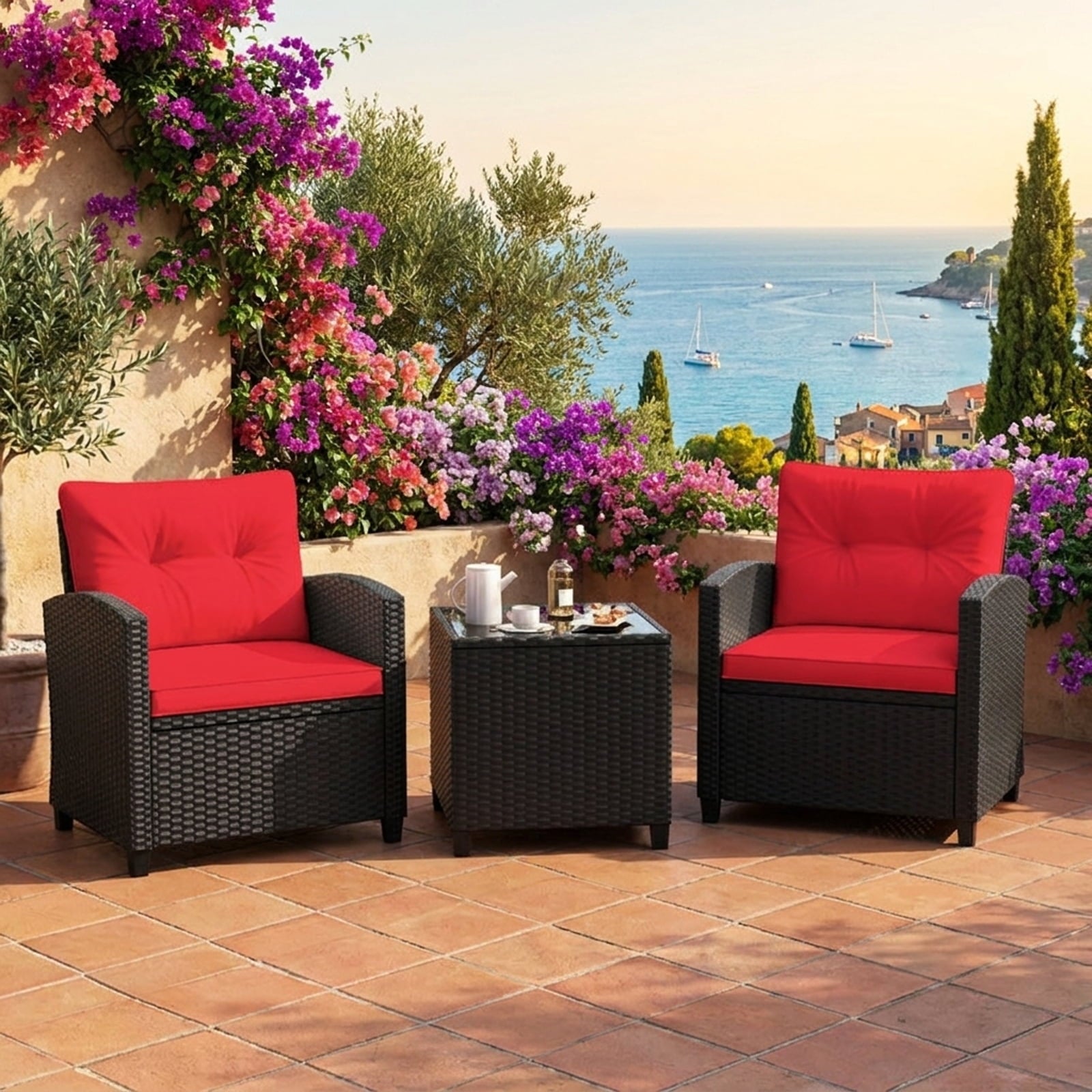 Biotree 3 Pieces Patio Furniture Set with Tempered Glass Coffee Table Outdoor Conversation Set for Garden Backyard Porch