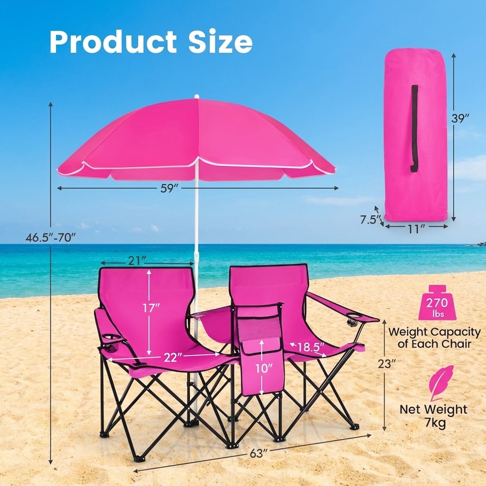 Biotree Double Camping Chair with Removable Umbrella Portable Folding Loveseat with Cooler Bag and Cup Holders for Beach Picnic, Pink